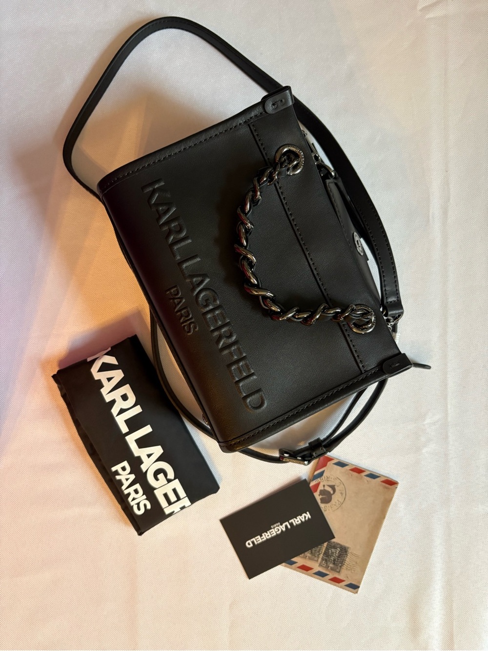 Karl Lagerfeld Savoie Black Leather Chain-Detail Top Handle Crossbody